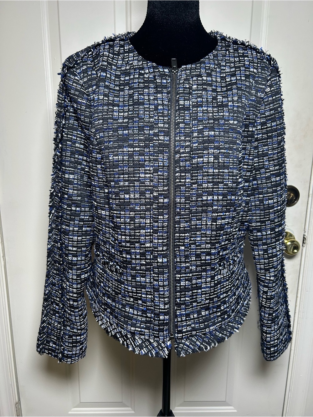 Banana Republic Navy & White Tweed Zip-Front Jacket